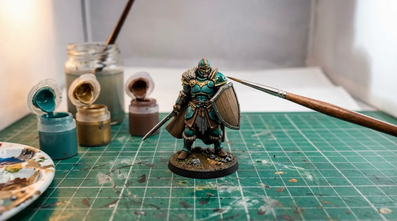 A painted warrior miniature lifts off the painting desk, travels through a battlefield and a tavern, and settles into a framed print on the wall